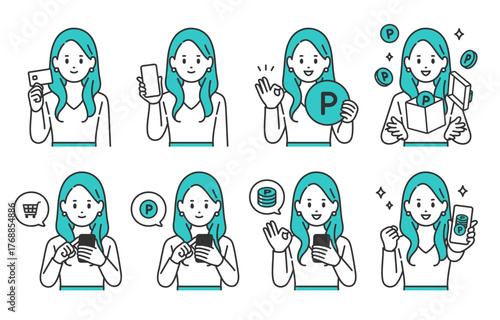 クレジットカードやスマホで買い物をする･ポイントを貯める若い女性のセット【人物ベクターイラスト素材】