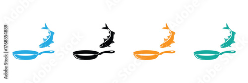 Dynamic fish leaping from sizzling frying pan culinary icon.editable stroke