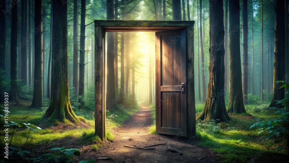 Fototapeta premium Darkened doorway with wooden frame leading into a mysterious forest, woods, path, woods, path, tree, doorway, wilderness