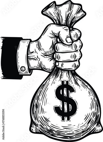 Hand holding a money bag with dollar sign, isolated on white engraving art design