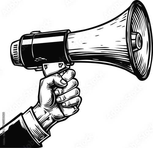 Hand holding a megaphone, engraving art design