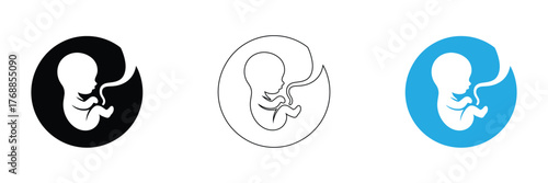 Newborn silhouette. Vector baby symbol black on white,Fetus silhouette in womb icon symbolizes new life and growth.editable stroke