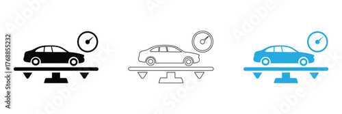 Car and money on scales icon, vector. Buying car concept flat style. Car price concept.Car on scale measuring weight for transport industry analysis.editable stroke