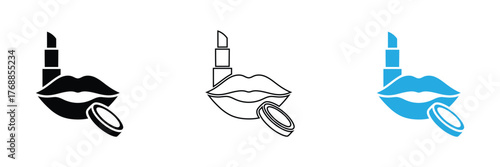 Glamorous lips with lipstick and compact makeup icon,Lipstick, Cosmetic icon, vector set. Silhouette of Woman lipstick,  cosmetics icon, symbol and sign. Vector illustration.editable stroke