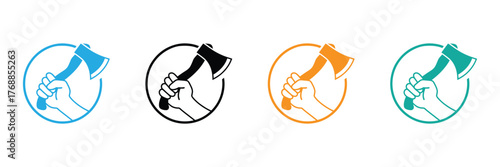 Lumberjack axe tool in hand circular logos set,Hand and ax symbol logo design with sunset background, cutting wood, carpenter.editable stroke