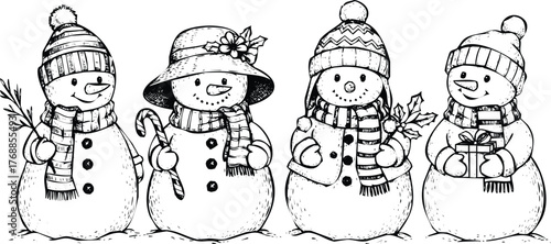 Four snowmen with hats and scarves engraving art design