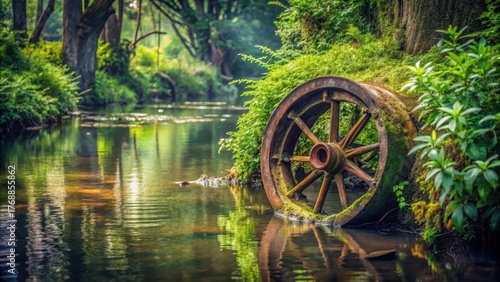 Rusted wheel submerged in murky water, partially buried in overgrown vegetation , ruin, environment,  ruin