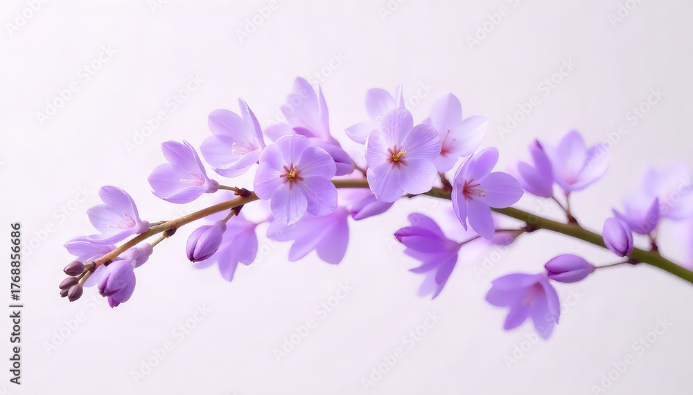Obraz premium Close up of a delicate branch with light purple flowers and buds against a white background studio shot