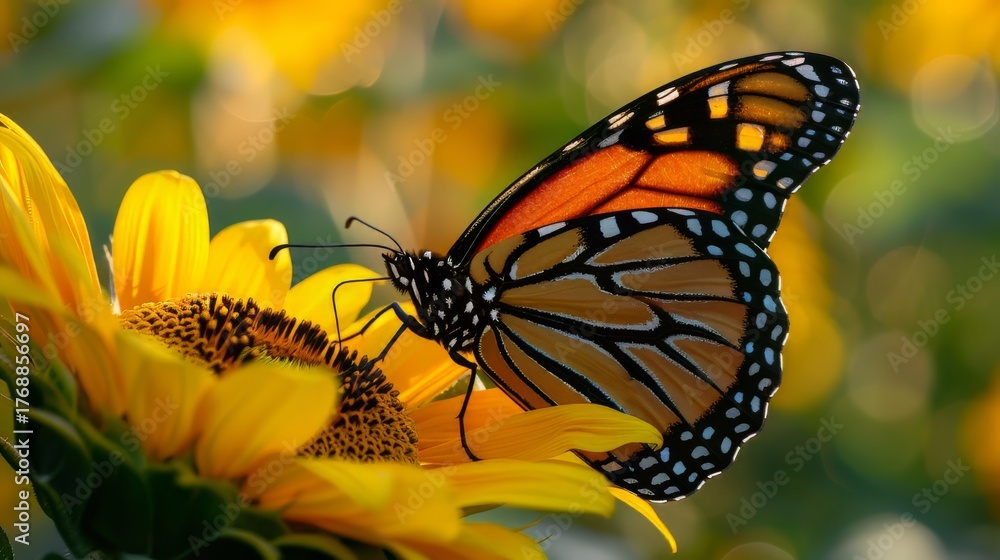 Fototapeta premium A monarch butterfly rests on a bright yellow sunflower, its wings displaying intricate patterns of orange, black, and white.