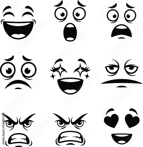 Set of nine cartoon emoji faces showing different emotions engraving art design