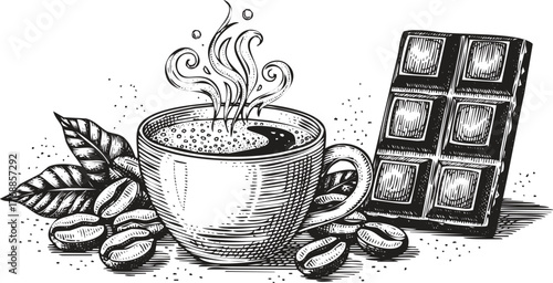 A cup of coffee with chocolate and coffee beans, , in a sketch style