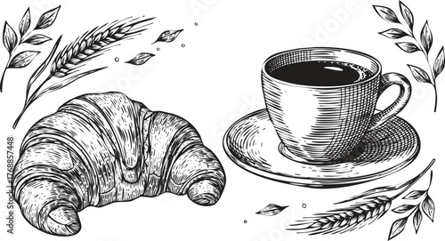 Hand drawn sketch of a croissant and a cup of coffee breakfast illustration