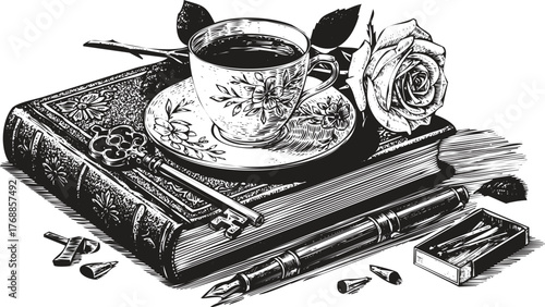 Hand drawn sketch of a cup of coffee on a book with a rose illustration