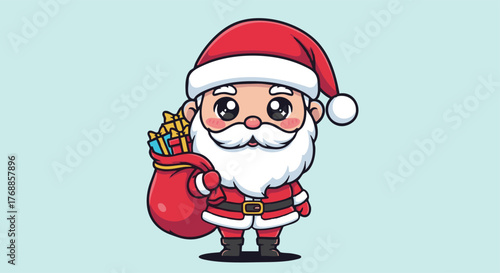 Cute cartoon Santa Claus with a sack full of colorful gifts, ready for Christmas and New Year celebrations, embodying festive spirit and holiday joy