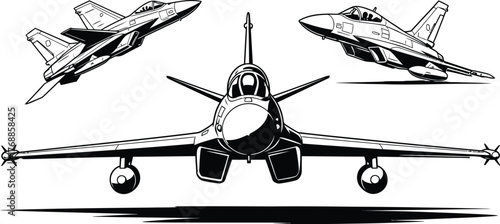 Dynamic fighter jets in striking black and white for powerful military and aviation themes, perfect for posters, design elements, and bold statement pieces