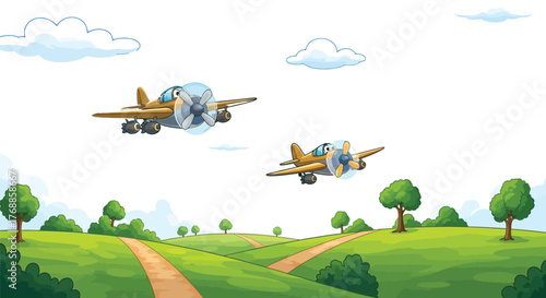 Whimsical cartoon airplanes soar through a bright blue sky above rolling green hills and fluffy clouds, promising adventure and fun.