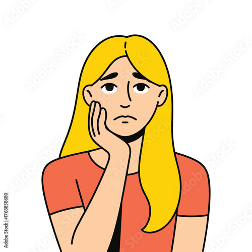 Sad thoughtful blond woman rests her head on her hand illustration
