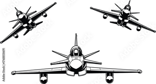 Dynamic fighter jets in aerial formation, powerful military aircraft soaring through the sky, representing speed, defense, and aviation.