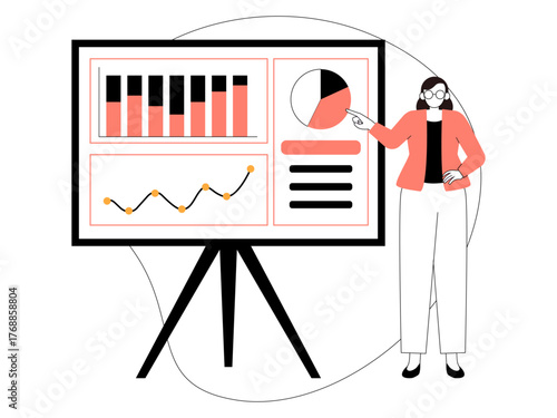 Female office employee is standing while presenting, beside her is also a large monitor displaying a data analysis. Business leadership illustration. Flat vector illustration.
