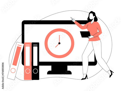 Female office employee stands holding a note, next to her is a large monitor displaying a clock. Business leadership illustration. Flat vector illustration.