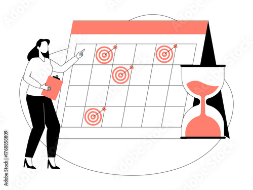 Female office employee is standing while pointing to a large calendar that has shown the appropriate target. Business leadership illustration. Flat vector illustration.
