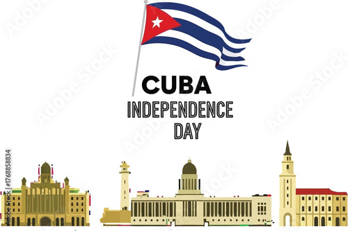 Celebrate Cuba Independence Day with vibrant flag and iconic landmarks, honoring national pride and heritage in a festive graphic.