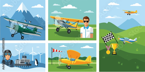 Vibrant collection of aviation scenes featuring vintage planes, pilots, and races celebrating adventure and achievement in the skies.