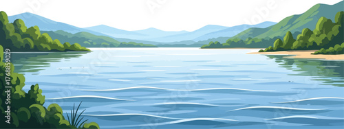 Serene lake surrounded by lush green mountains under a clear sky evokes peace and tranquility, perfect for travel blogs and nature-themed projects