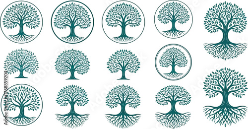 Collection of elegant teal tree of life symbols for spiritual designs, nature logos, and family tree illustrations for your brand identity and creative projects