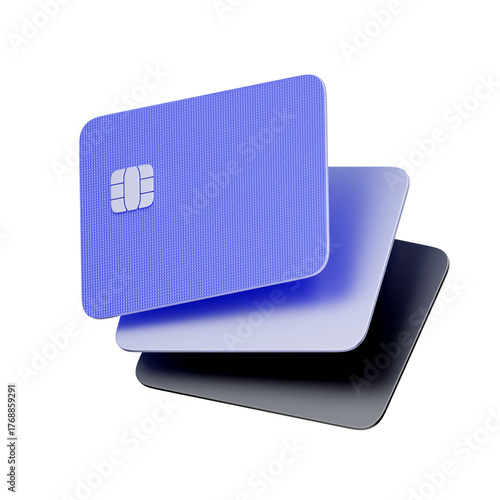3D icon of multiple floating bank cards For managing multiple payment methods, comparing credit cards, and representing various financial accounts.