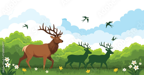 Stunning wildlife scene with majestic deer grazing peacefully in a serene, sunny meadow as swallows soar above, creating a captivating nature illustration