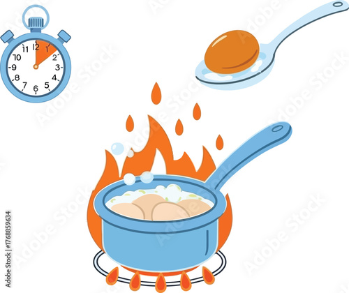 Effortless egg boiling guide showing each step in a fun modern style, from washing to cooking on the stove with a timer for perfectly cooked eggs