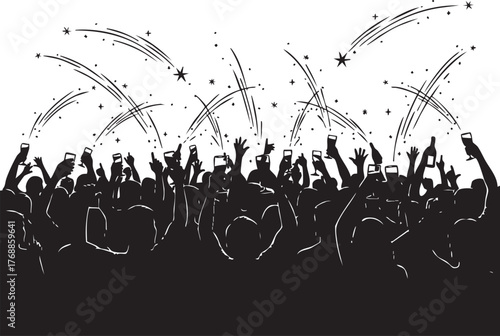 New Year's Eve Celebration Crowd Silhouette with Fireworks