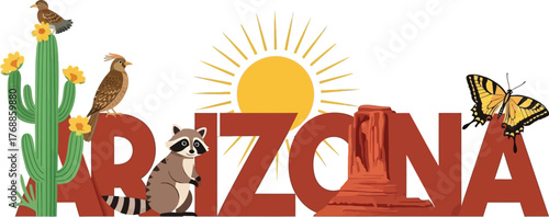 Vibrant Arizona travel adventure illustration featuring desert wildlife, iconic rock formations, and sunny skies, perfect for tourism marketing and creative designs