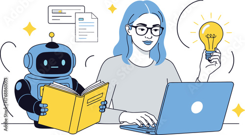 Innovative collaboration between woman and robot sparks brilliant ideas, working together on laptop with book and lightbulb, AI assistance concept