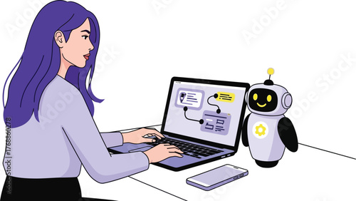 Modern woman uses AI powered automation software on laptop for business solutions with friendly robot assistant in a clean, pastel colored office