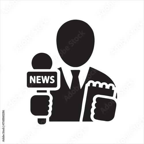 Silhouette of a News Reporter with Microphone and Notepad Delivering Information to the Public Sphere Journalism Profession