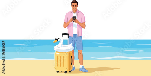 Excited traveler checks phone by the ocean with swan floatie on suitcase ready for summer vacation at beautiful beach destination with blue sky