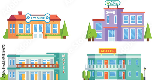 Colorful flat design illustrations of a pet shop, vet clinic, and motel offer a vibrant and playful commercial vibe for your next project