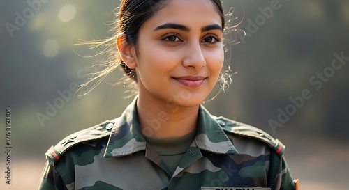 A portrait of a young woman in army camouflage uniform, soft smile and natural outdoor light, realistic skin texture and fabric details, 8k
