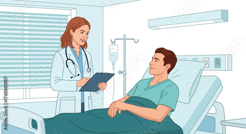 Caring doctor discussing treatment plan with patient in hospital bed, offering hope and professional medical advice during recovery journey
