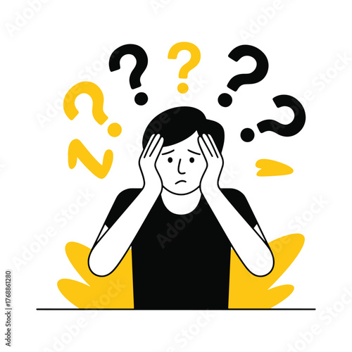 Stressed man with questions mark in minimalist vector design illustration