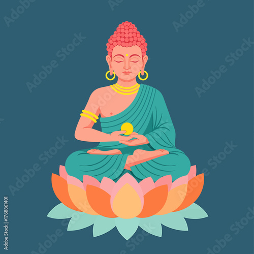 Illustration of Buddha in a meditative pose, seated on a lotus flower, wearing a teal robe, gold jewelry, against a blue background.