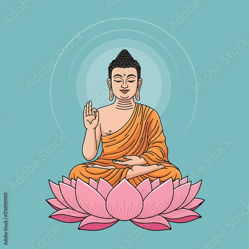 Illustration of Buddha sitting in lotus position on a pink lotus flower with a light blue background.