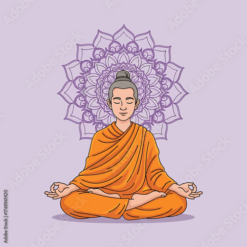 A serene illustration of Buddha meditating in the lotus position with a decorative mandala background.