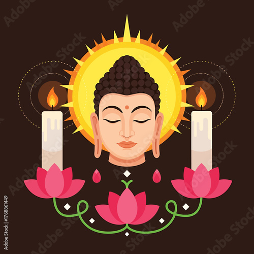 An illustration of Buddha's head in meditation with a radiant halo, flanked by lit candles and pink lotus flowers.
