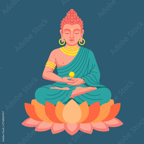 A serene illustration of a meditating Buddha figure seated atop a lotus flower, radiating peace.