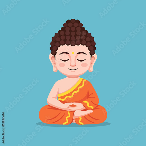 Cartoon illustration of a meditating Buddha figure, seated in lotus position, serene expression.