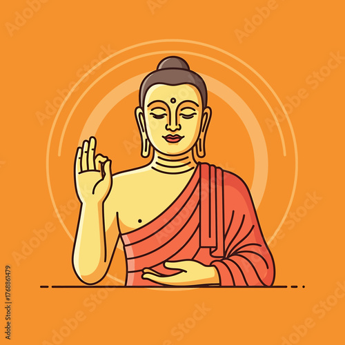 Illustration of a serene Buddha figure in a meditative pose with a radiating halo.