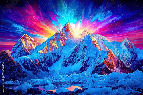 Snowy peaks glow under vibrant, abstract, colorful sky